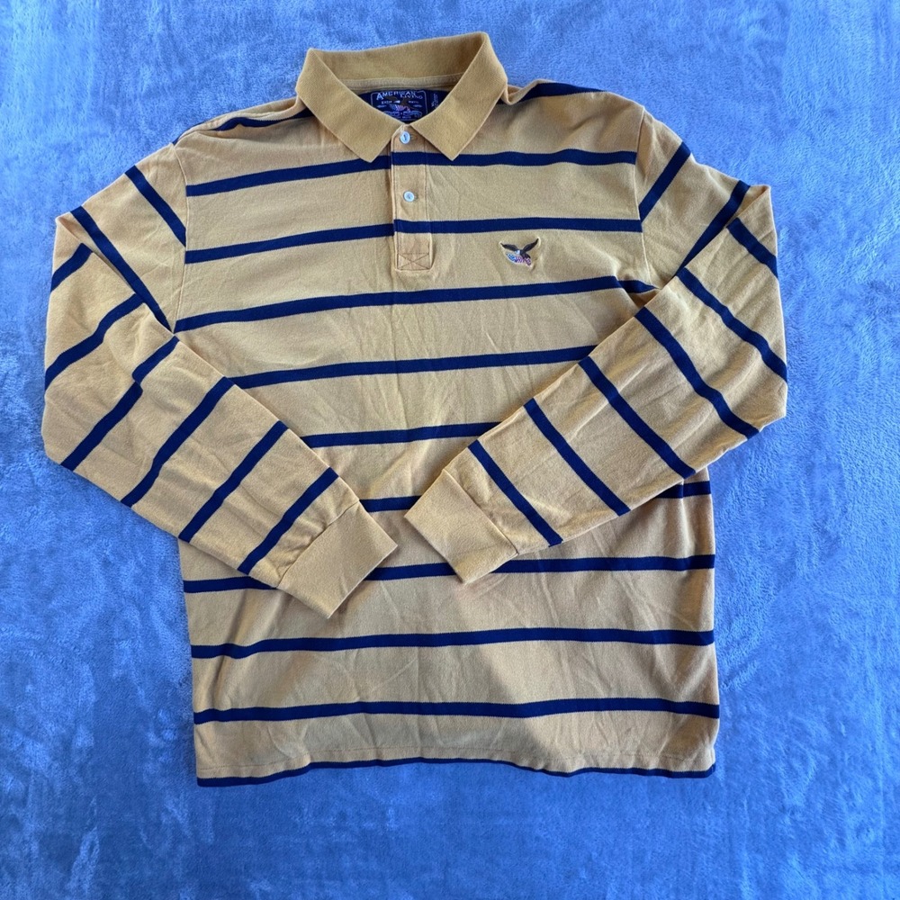 American Living Rugby Polo Shirt Mens XL Tan Blue Striped Preppy Dadcore Fit